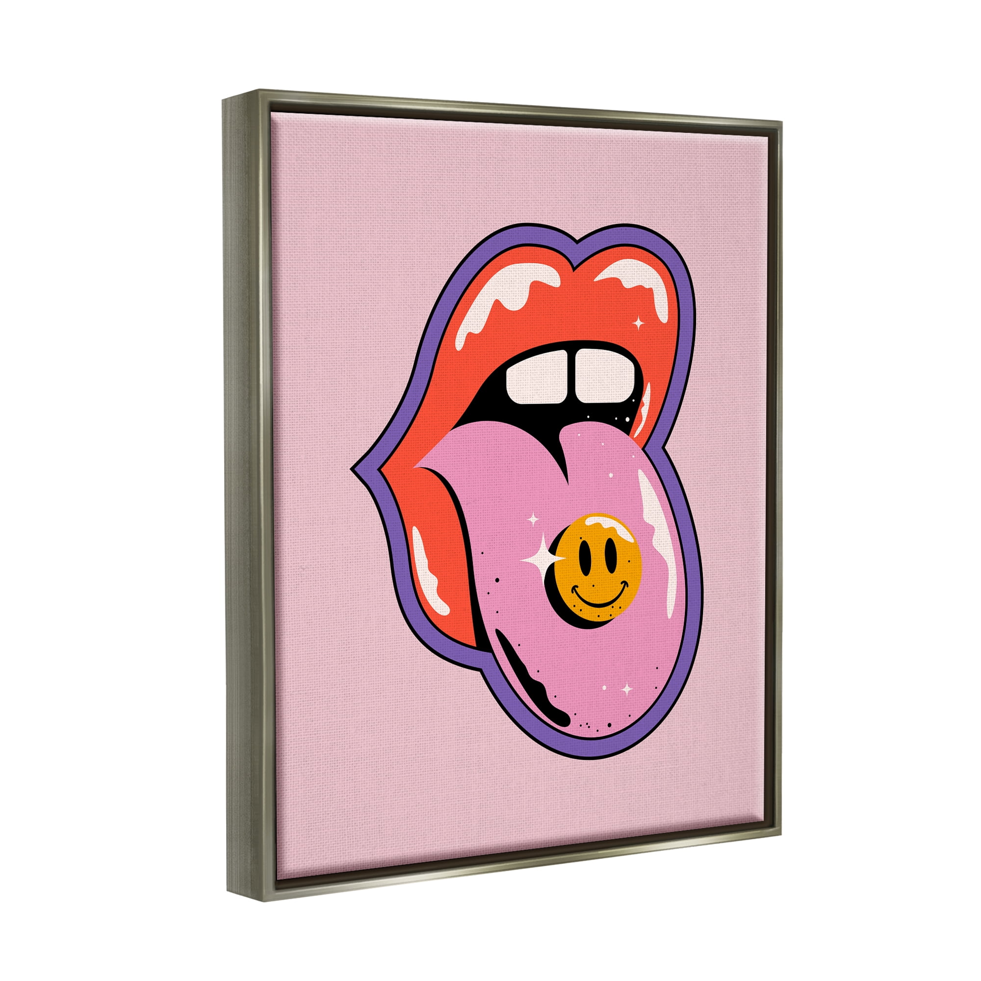 Stupell Industries Retro Lips with Smiley Abstract Painting Gray Floater Framed Canvas Art Print Wall Art, 17 x 21