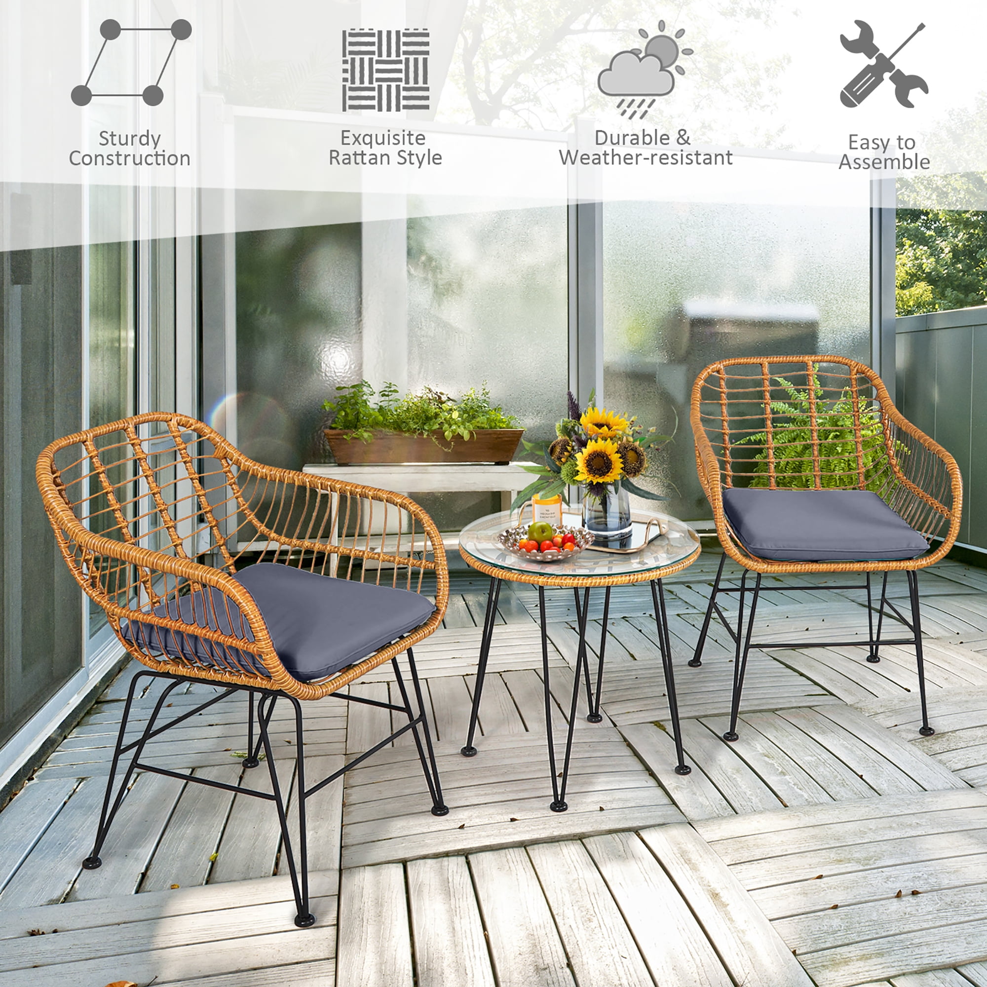 Costway 3PCS Patio Rattan Bistro Furniture Set Cushioned Chair Table Grey