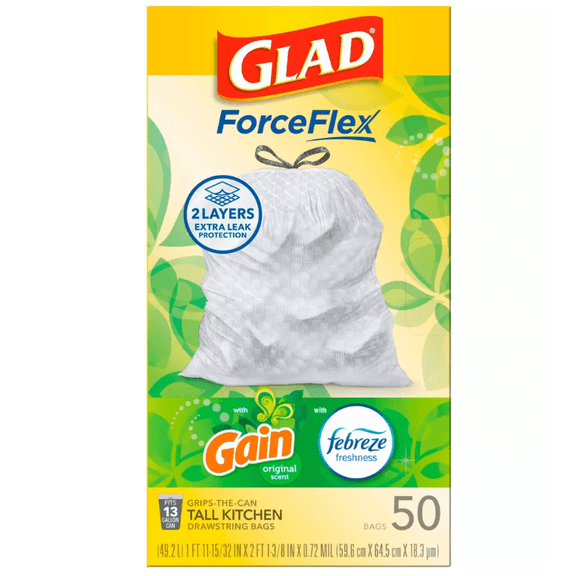 Original Draw String ForceFlex Tall Kitchen Drawstring Trash Bags, 13 Gal, Gain Original ...