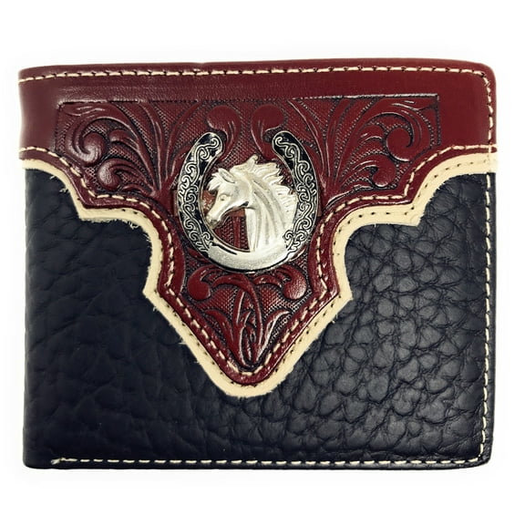 Western Genuine Leather Floral Tooled Horse Concho Mens Short Bifold Wallet