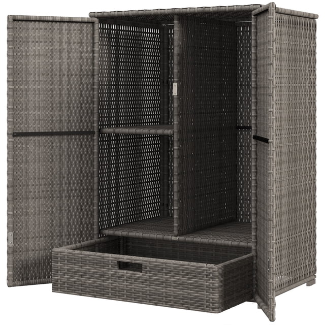 CoSoTower Wicker Outdoor Storage Cabinet, 2-Door Rattan Pool Towel Storage Cabinet with Drawer & Removable Shelf, Dark Grey