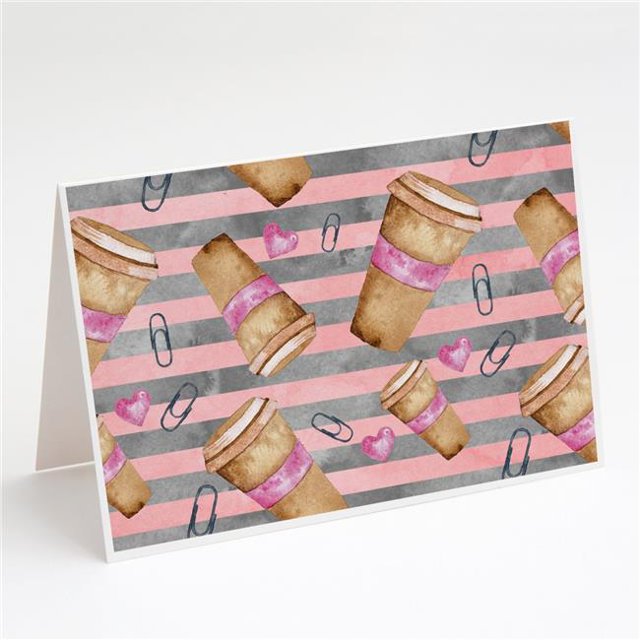 Watercolor Coffee & Paper Clips Greeting Cards & Envelopes - Pack of 8