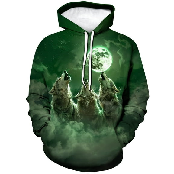 Rebaike Men's 3D Three Wolves Howling at Moon Hoodie Forest Wolf Cosmic Animal Design Pullover Sweatshirt