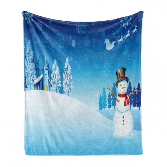 Christmas Soft Flannel Fleece Throw Blanket, Snowman on the Christmas Eve Santa's Sleigh in the Starry Sky Fantasy Artwork, Cozy Plush for Indoor and Outdoor Use, 50" x 60", Blue White, by Ambesonne