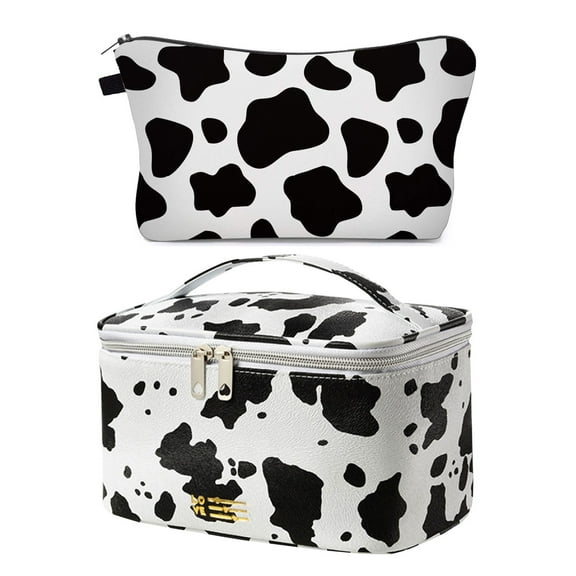 Makeup Bag Cosmetic Bag Organizer 2PACK Small Makeup Pouch for Purse for Women Girls Gift (Black and White Spots Printed Cow)