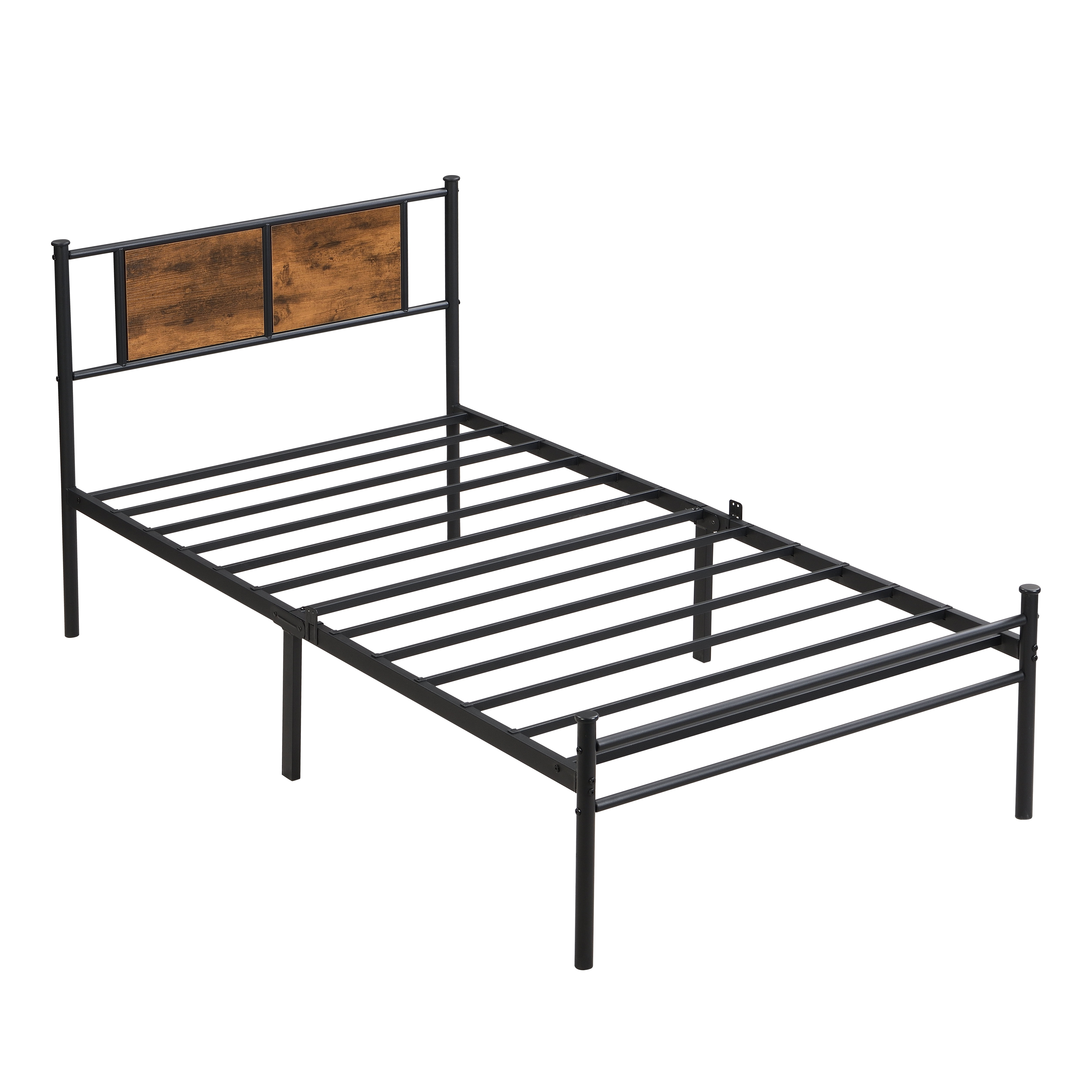 Bed Frame, Metal Bed Frame, Twin XL Size Bed&nbsp;Platform with Wood Panel Headboard, Sturdy Steel Slats, Under Bed Storage, Black+Brown, 82.68 Inch Length, No Box Spring Needed