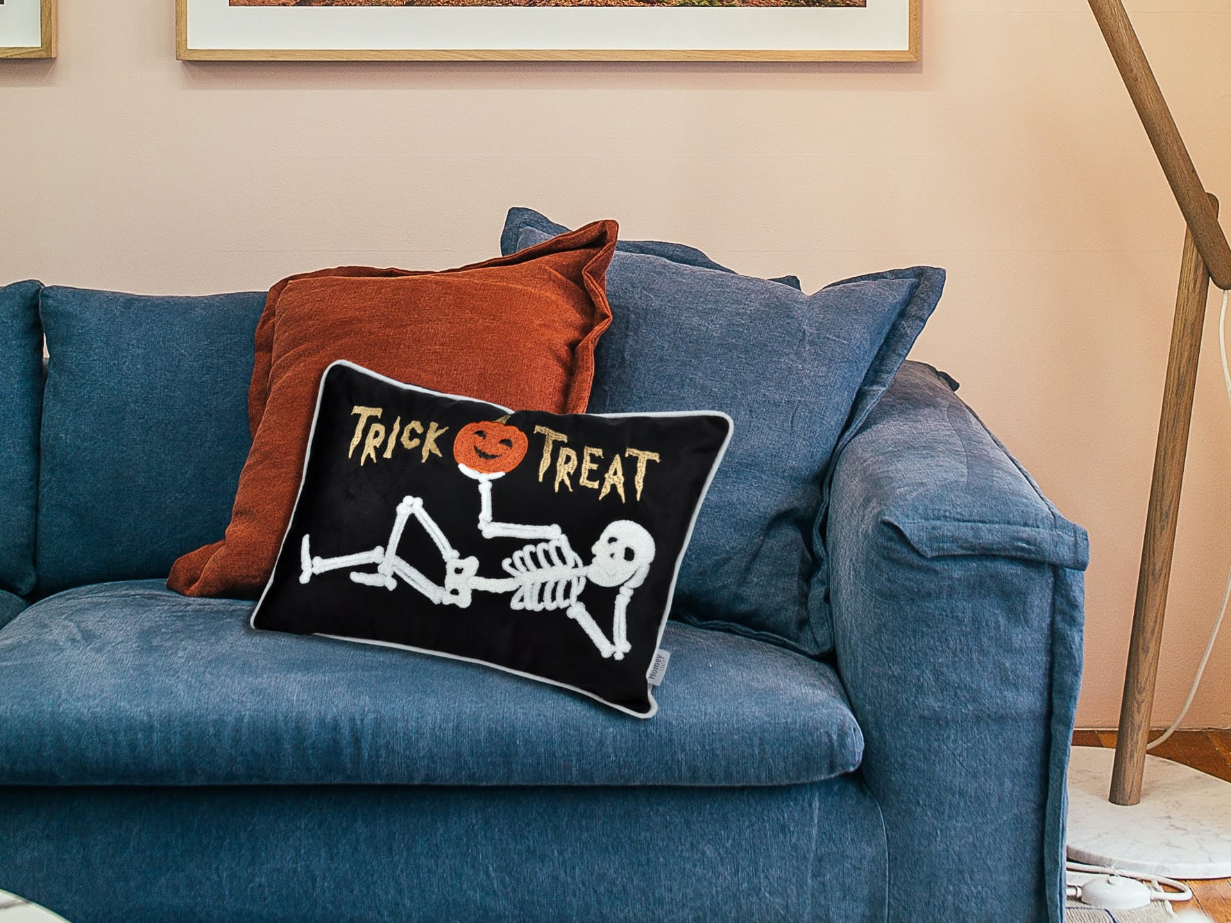 Trick or Treat Skeleton Embroidered Lumbar Throw Pillow 14x20 Inch Black Velvet for Sofa Bed Halloween Decor
