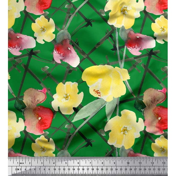 Soimoi Green Cotton Poplin Fabric Leaves & Floral Watercolor Print Sewing Fabric BTY 56 Inch Wide