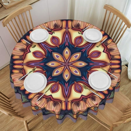 

Round Polyester Tablecloth 60 inch violet seamless outlined mandala unusual tribal design element abstract art Washable Table Cover for Party Picnic Dinner Decor