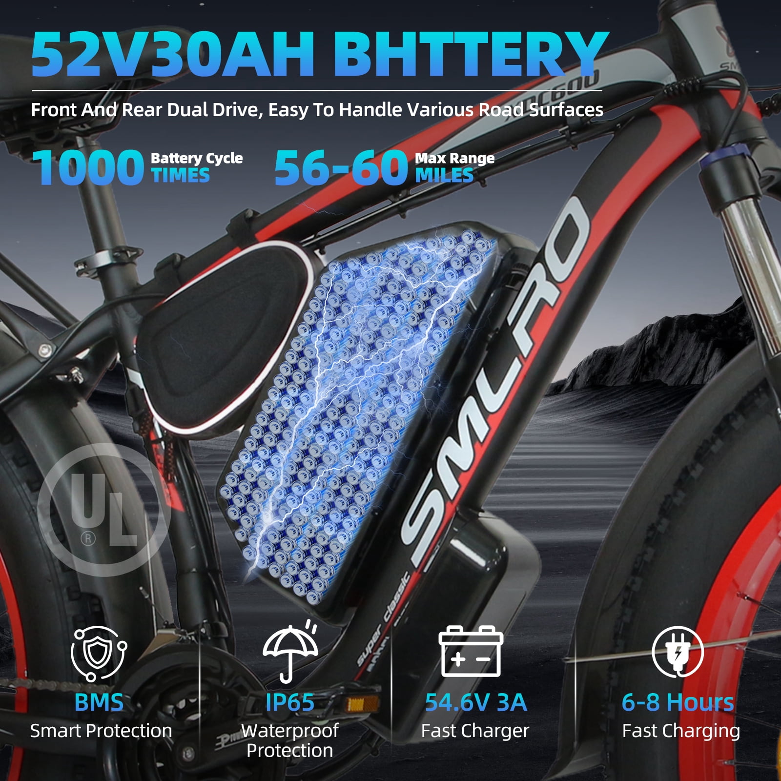 Electric Bike for Adults, 26x4.0 Fat Tire E-Mountain Bicycle, Peak 5000W Motor 52V-30Ah, Mountain Bike Beach Snow Ebike for Men, Red