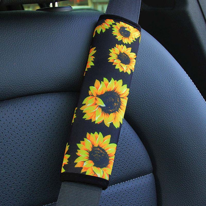 Coloranimal Auto Seat Belt Cover Sunflower Print Black Yellow Soft Universal Car Seatbelt Covers Shoulder Strap Cushion Pad Multipurpose for Handbag Carmera Backpack Straps 2pc 