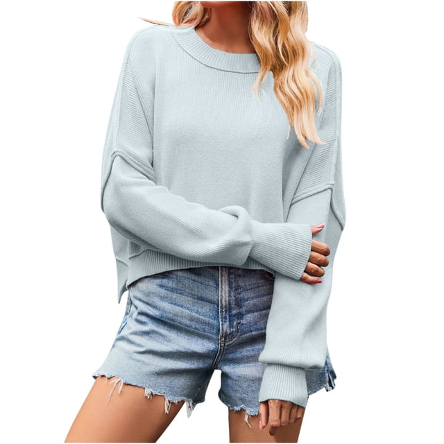 Timegard Women's Sweaters Cropped 2024 Fall Winter Sweater Long Sleeve Pullover Side Slit Knit Tops