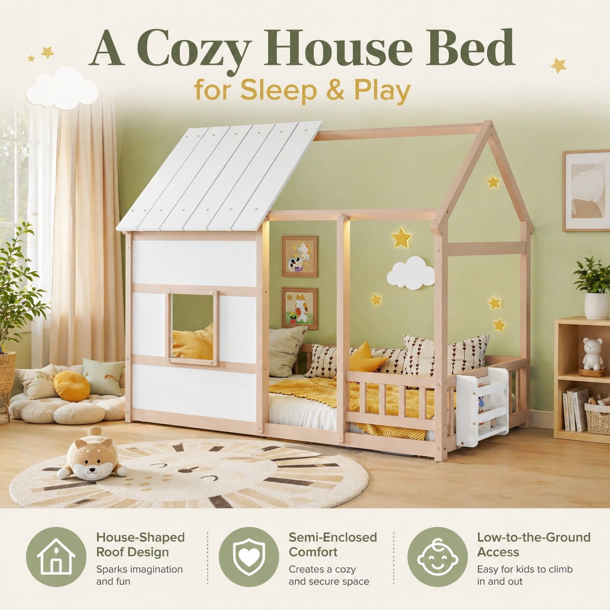 Miniyam Montessori Floor Bed with Roof and Guardrails, Kids House Bed Frame with LED Lights and Bookshelf, Natural Wood & White
