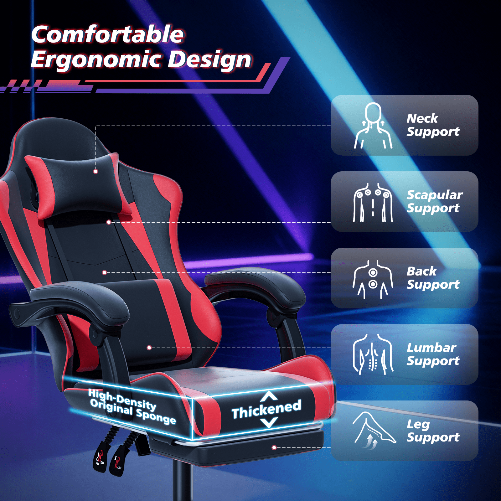 Magshion Ergonomic Gaming Chair with Headrest, Lumbar Support & Footrest - Adjustable Reclining Computer Chair for Adults, High Back Office Desk Chair, 350lbs Capacity， Red