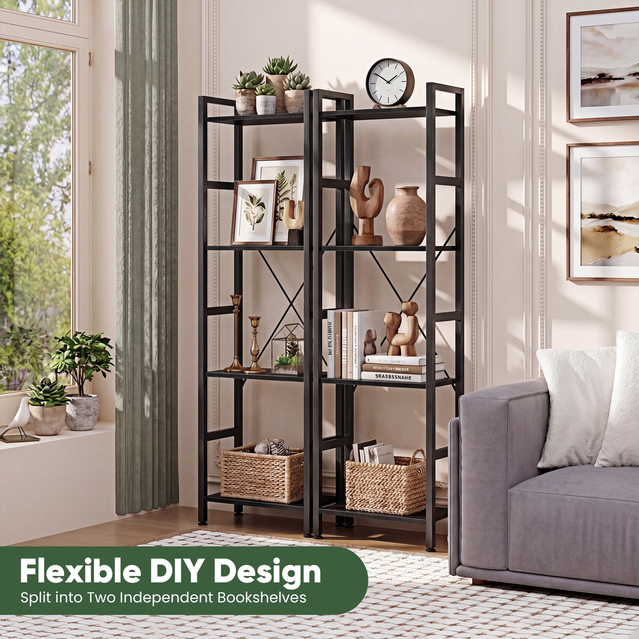 CONCETTA Triple 4-Tier Bookshelf with 11 Open Display Shelves, Adjustable Storage Bookcase for Home & Office, Sturdy Steel Frame and Wood Construction, Anti-Tip and Adjustable Feet, Black