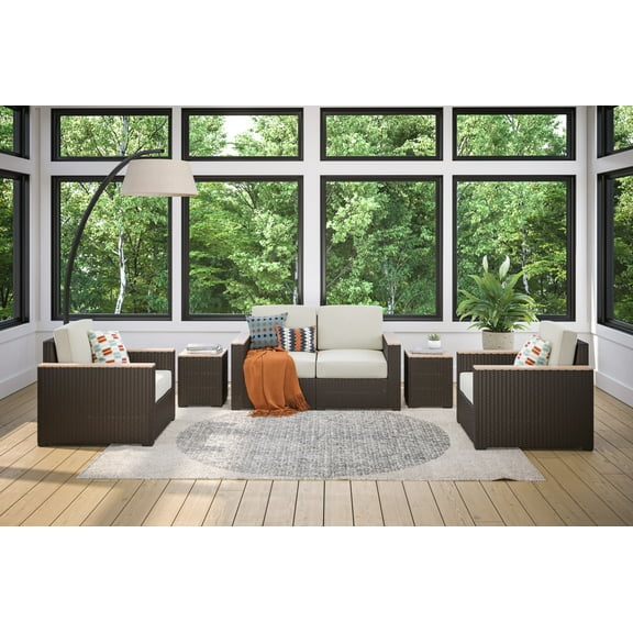 Homestyles Palm Springs Brown Outdoor Loveseat, Armchair Pair and Two Side Tables