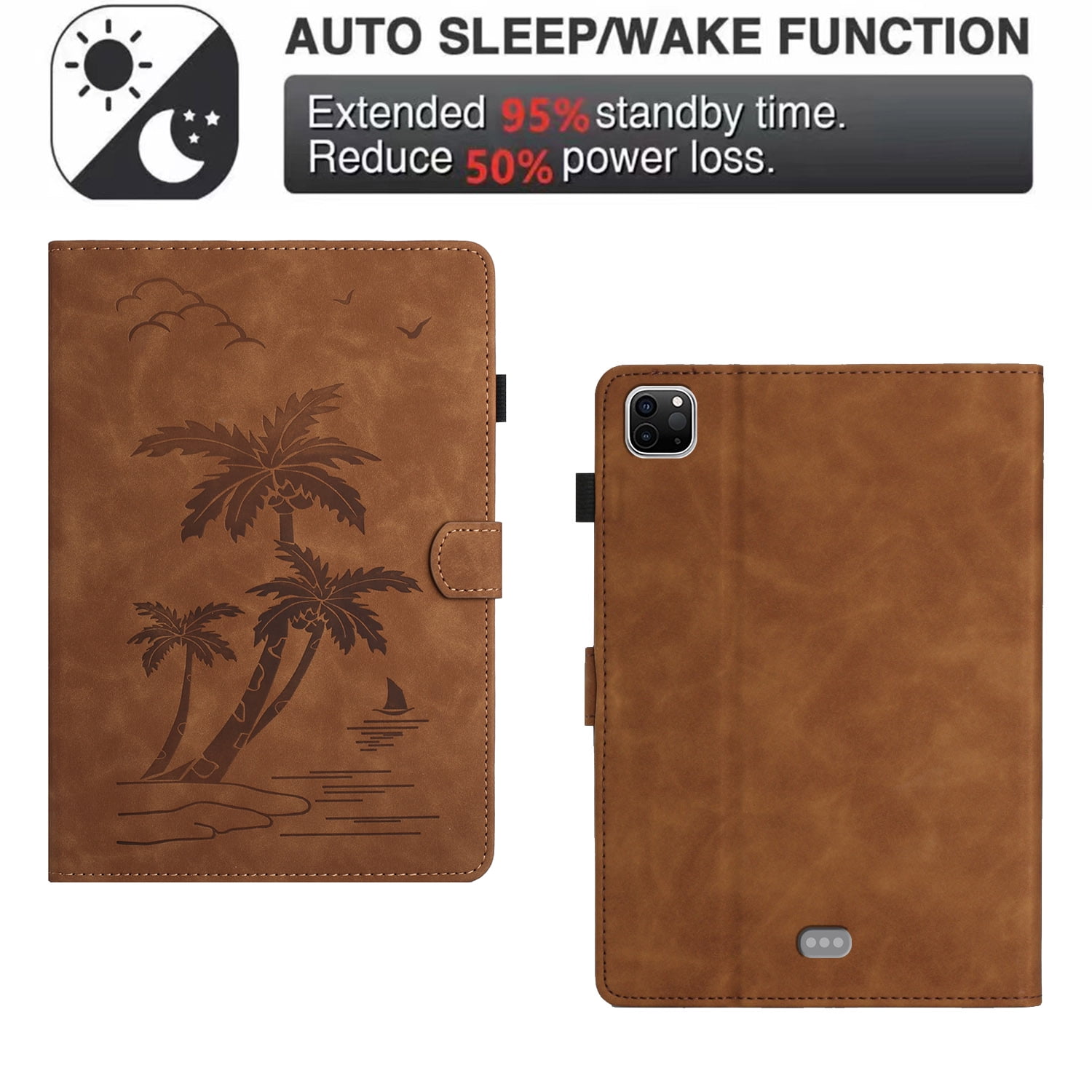 Allytechgroup iPad Air 11 Case 2024, Embossed Coconut Tree Pattern Cover, Auto Sleep Wake Function with Flip Cover Stand and Pencil Holder Case for Apple iPad Air 11 Inch 2024 Tablet,Brown