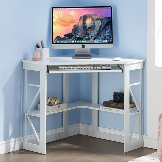 VECELO Corner Computer Desk with Keyboard Tray and Storage Shelf, Home Office Study Workstation Table , White