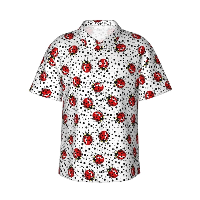 Balery Red Ladybugs On Black Dotted Camisas hawaianas de manga corta para hombre, camisas playeras de corte holgado, camisas de vacaciones con botones,Small