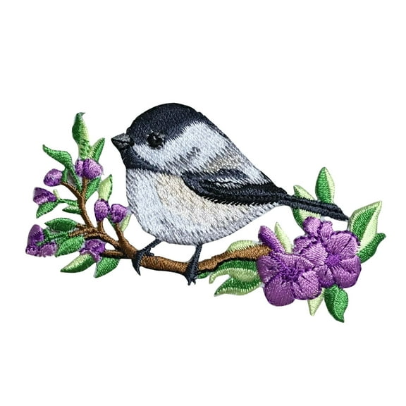 Chickadee on Branch - Facing Left - Purple Flowers/Natural Bird - Iron on Applique/Embroidered Patch