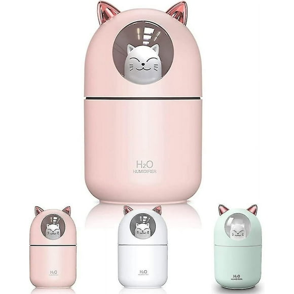 Humidificador mini para gatos con vapor frío y modo de vapor ajustable y luz nocturna (rosa)