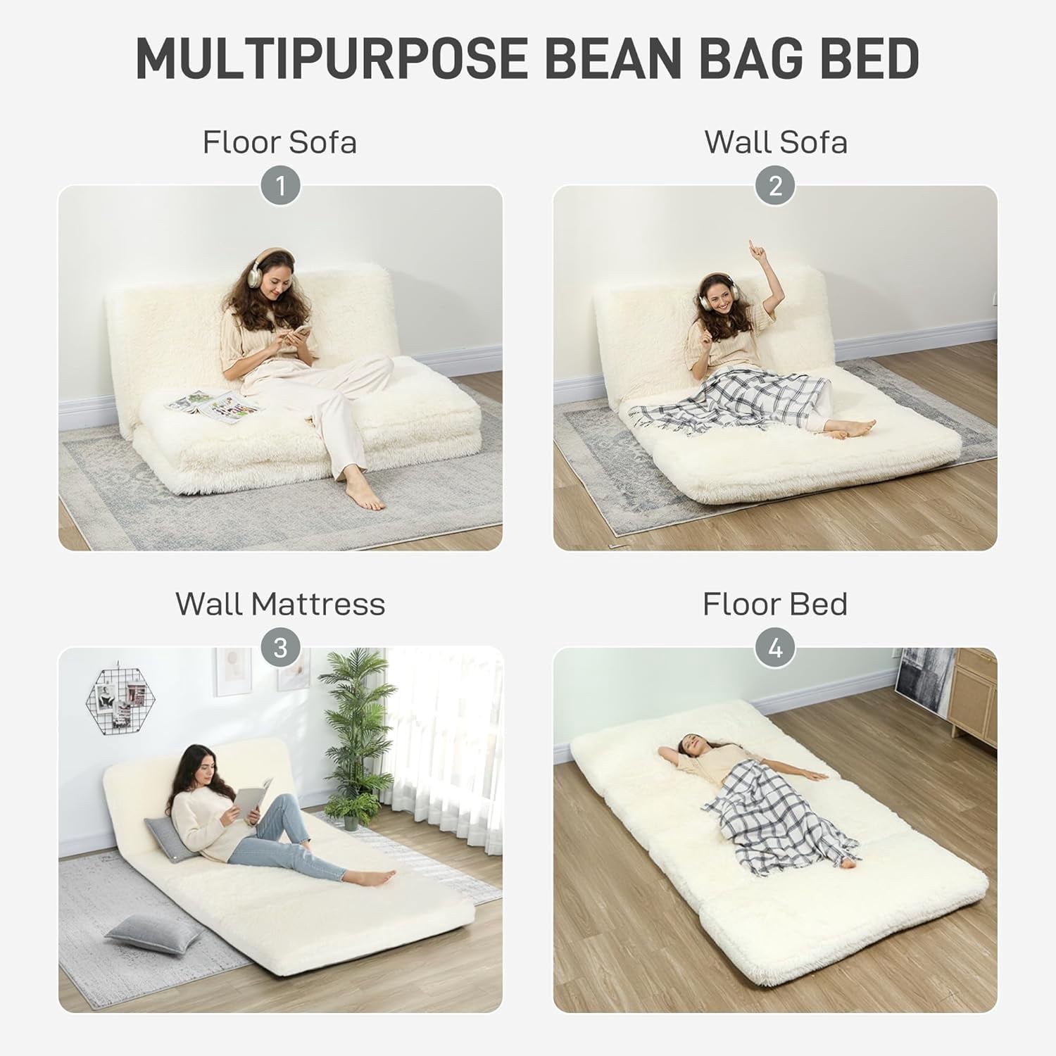 HOMCOM Bean Bag Chair Floor Sofa Bed for Adults, Thick Long Folding Sofa Bed 54 x102 in, Wall Couch Sleeper Chair Floor Mattress for Living Room, Cream White