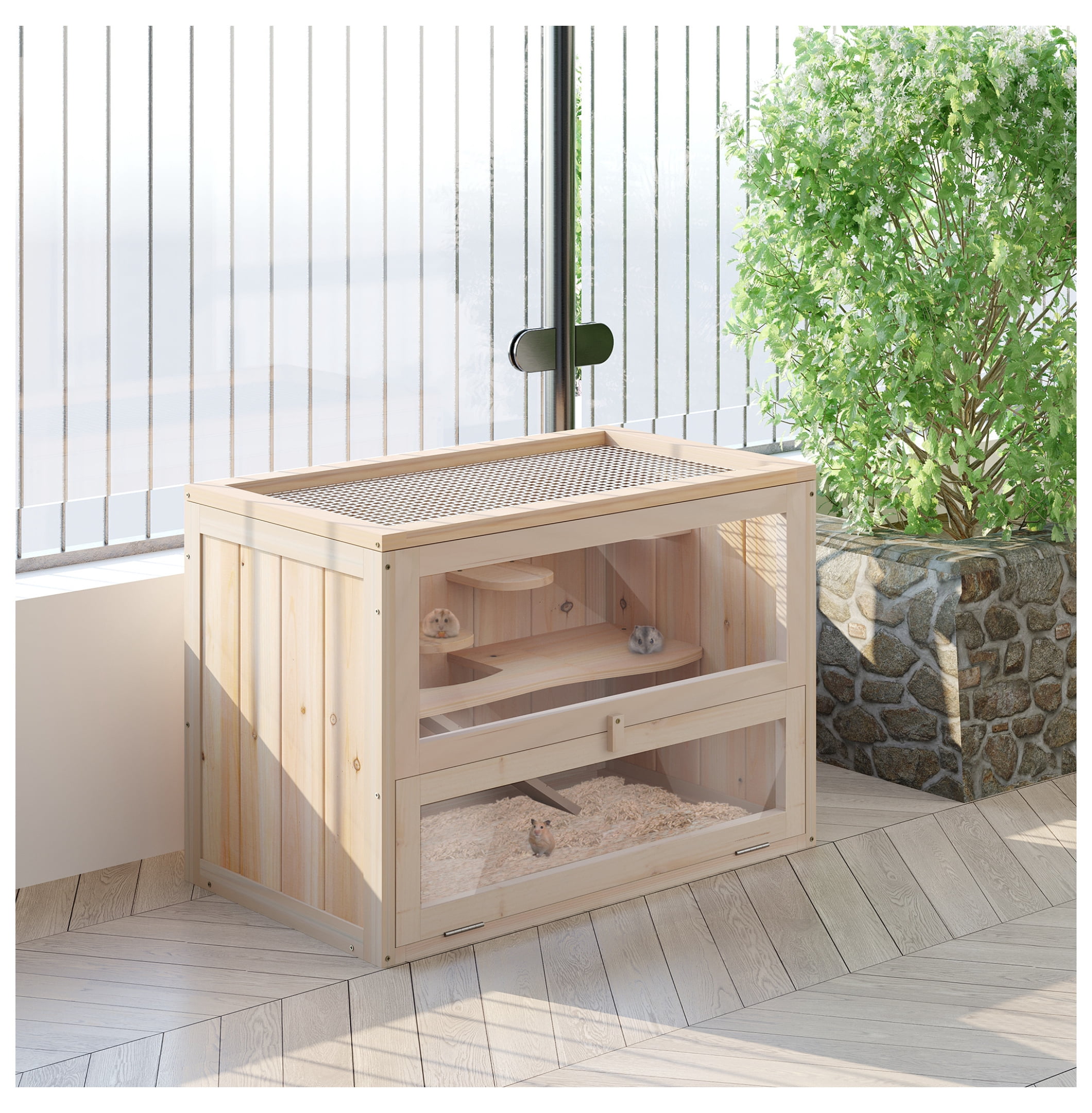 Hamster Cage 2 Level, Mice & Rat Habitat, Guinea Pig House - Wood Small Animal Cage w/Open Top, Front Door, Shelf & Ladder, Natural Finish