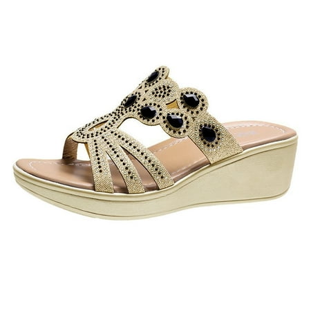 

Gubotare Womens Wedge Sandals Flower Low Heel Dressy Sandals Elastic Ankle Strap Rhinestone Summer Comfortable Shoes Black 38