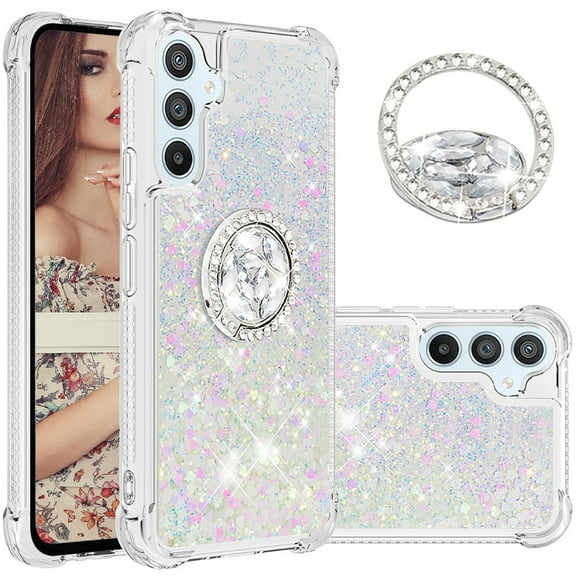 CCSmaller Glitter Clear Sparkly Bling Case for Samsung Galaxy A54 5G , Flowing Liquid Quicksand Cover with Diamond Ring Holder Case for Samsung Galaxy A54 5G LSZ Colorful