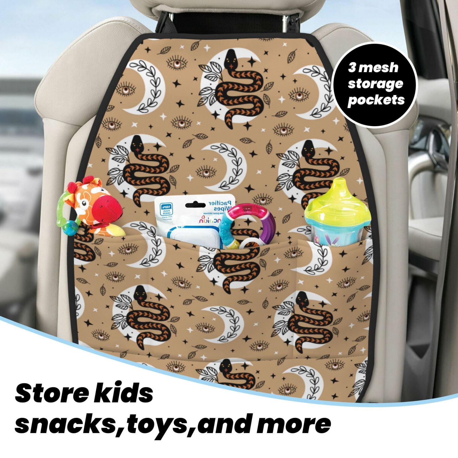 Kdxio Snake And Flower Print 2 Pack Car Kick Mat Seat Cover Back Protector Mat with Pockets for Organizer Backseat Protector and Storage Anti Kick Pad for Vehicles