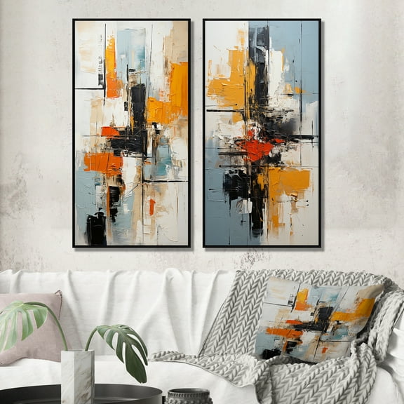 Designart "Deconstructed Colorfields Minimalist Abstraction II" Abstract Painting Framed Wall Art Set Of 2 - Modern Blue Gallery Wall Frame Set For Home Decor