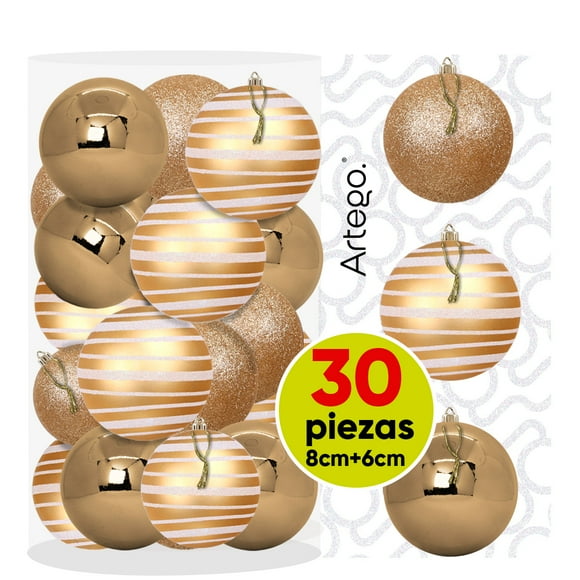 Esferas para árbol de navidad Artego set mix de 30 esferas = 10pz*8cm 20pz*6cm color Champagne * Línea Glitter 3 acabados glitter, brillante y cromada, para colgar Christmas ornaments