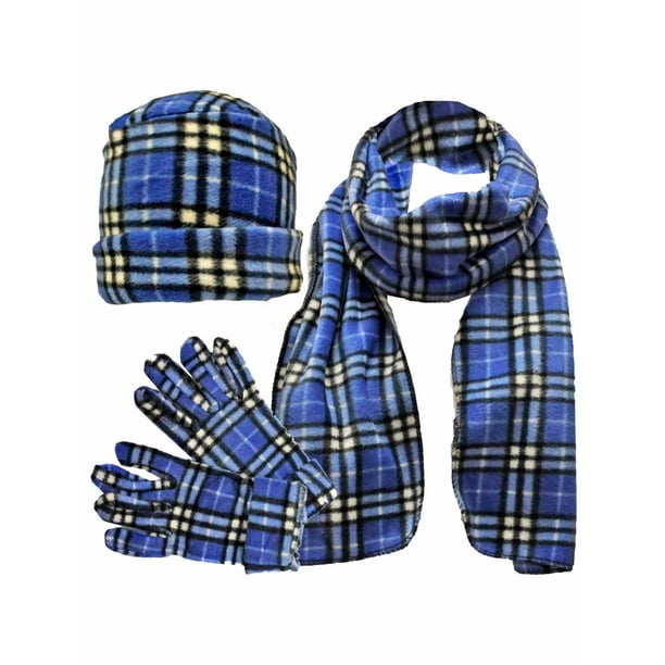 Luxury Divas Blue & White Plaid Fleece 3 Piece Hat Scarf & Glove Set