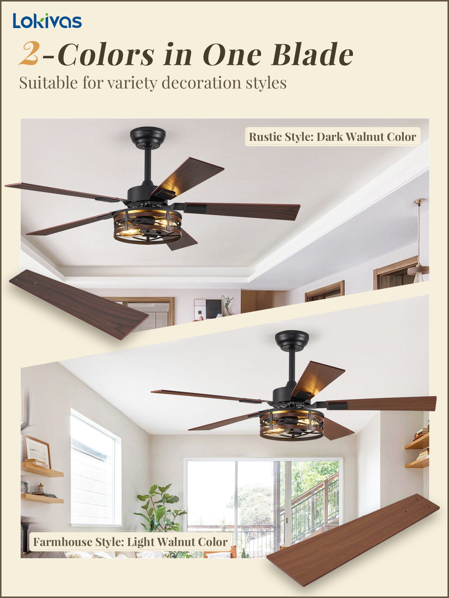 Lokivas 48in Farmhouse Ceiling Fan with Lights, 6-Speed, Remote Control, Quiet DC Motor