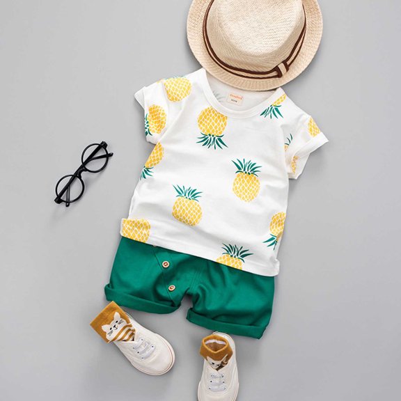 Honeeladyy 2pcs Toddler Baby Boy Short Pants Set Toddler Boys Fruit Print T-shirt Solid Shorts Two Piece Set Causal Suit