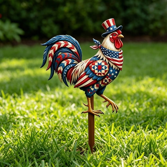 Sktrjpolfis Double Sided Patriotic Rooster Metal Yard Stake 11.8×7.8In Outdoor Garden 4th of July Lawn Porch Decor