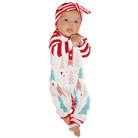 

Vikakiooze Newborn Infant Baby Christmas Striped Print Patchwork Romper Jumpsuit Set Outfit