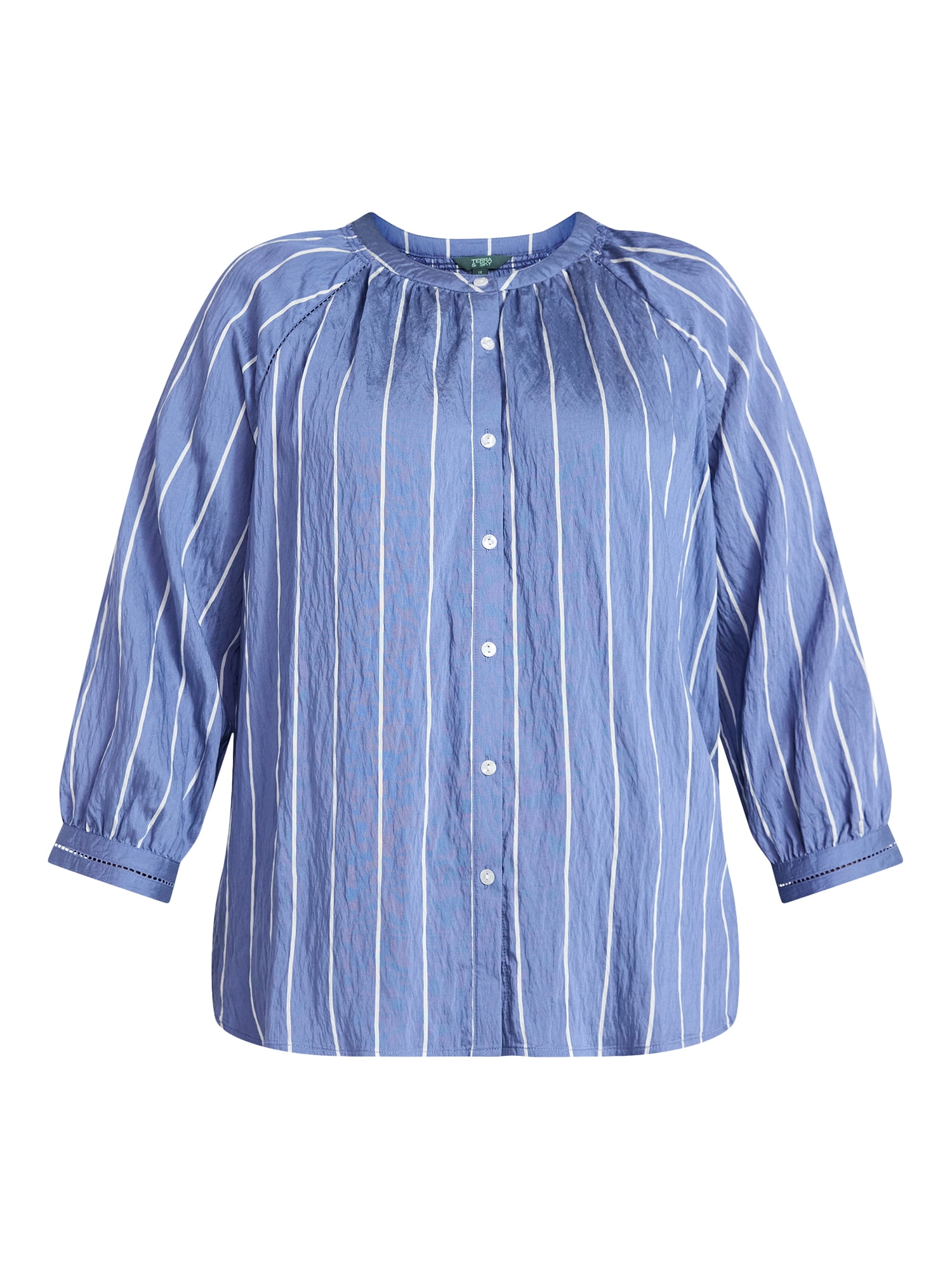 Terra & Sky Women's Plus Size Button Blouse with 3/4-Length Sleeves, Sizes 0X-5X