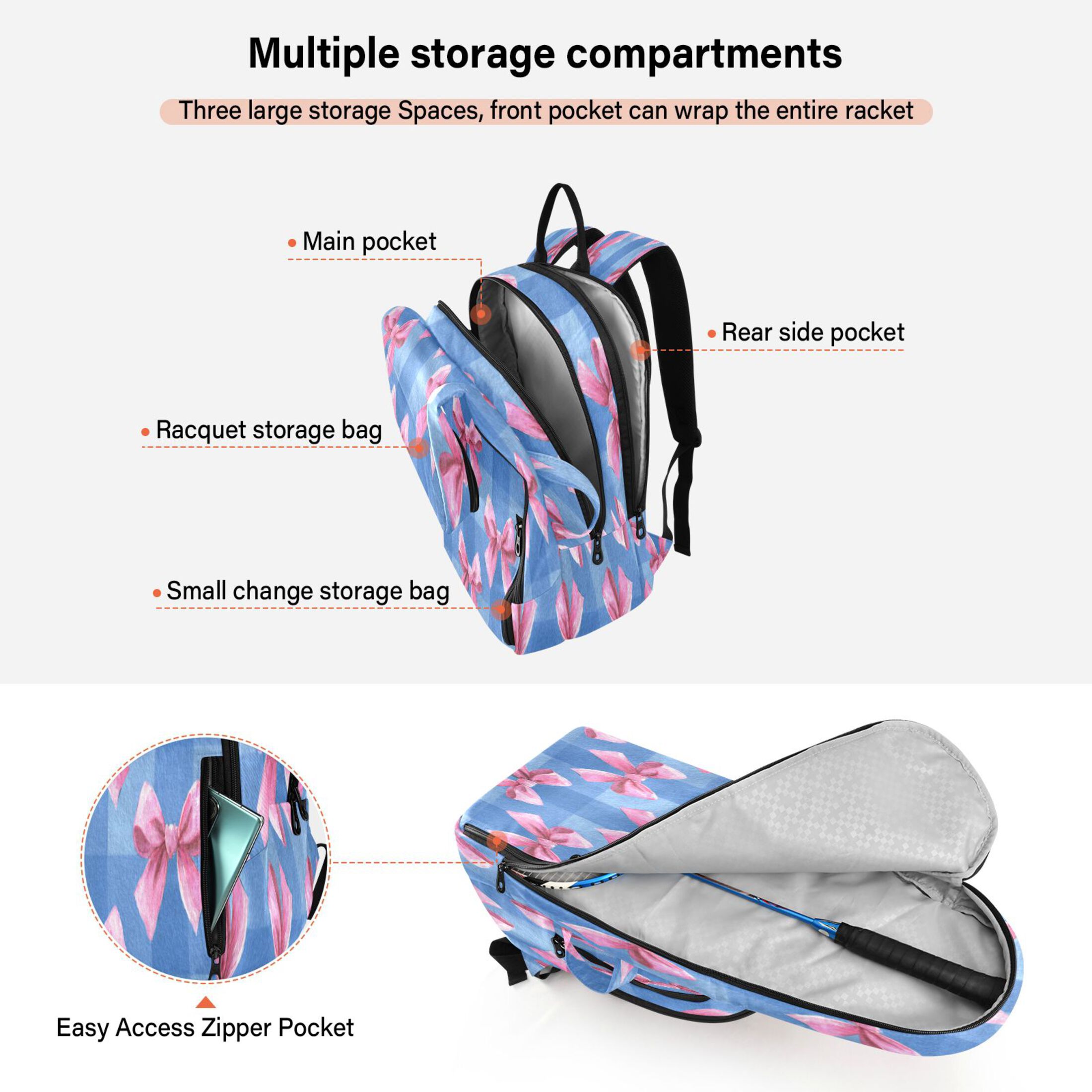 2 Racquet Holder Tennis Backpack Tennis Racket Covers Gym Bags Cute Pink Bows