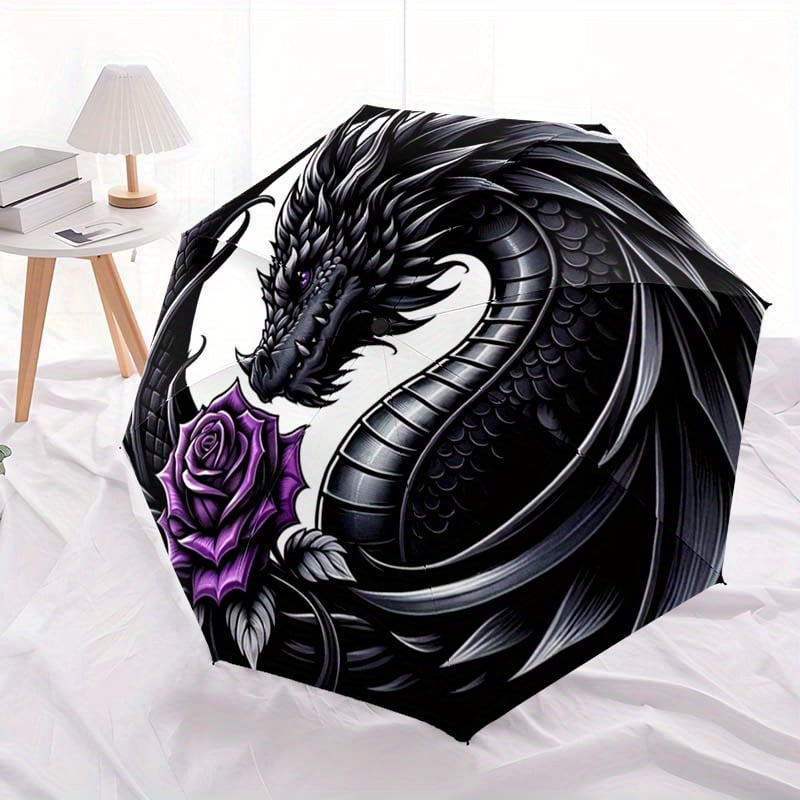 1 automatic opening and closing dragon patterned umbrella -8-bone structure, sturdy and durable, portable travel umbrella (black/purple accents)