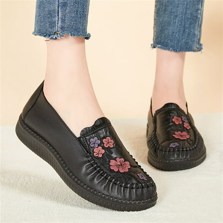 

uikmnh Women Shoes Fashion Autumn Women Casual Shoes Flat Soft Bottom Comfortable Flower Solid Color Round Toe Black 7