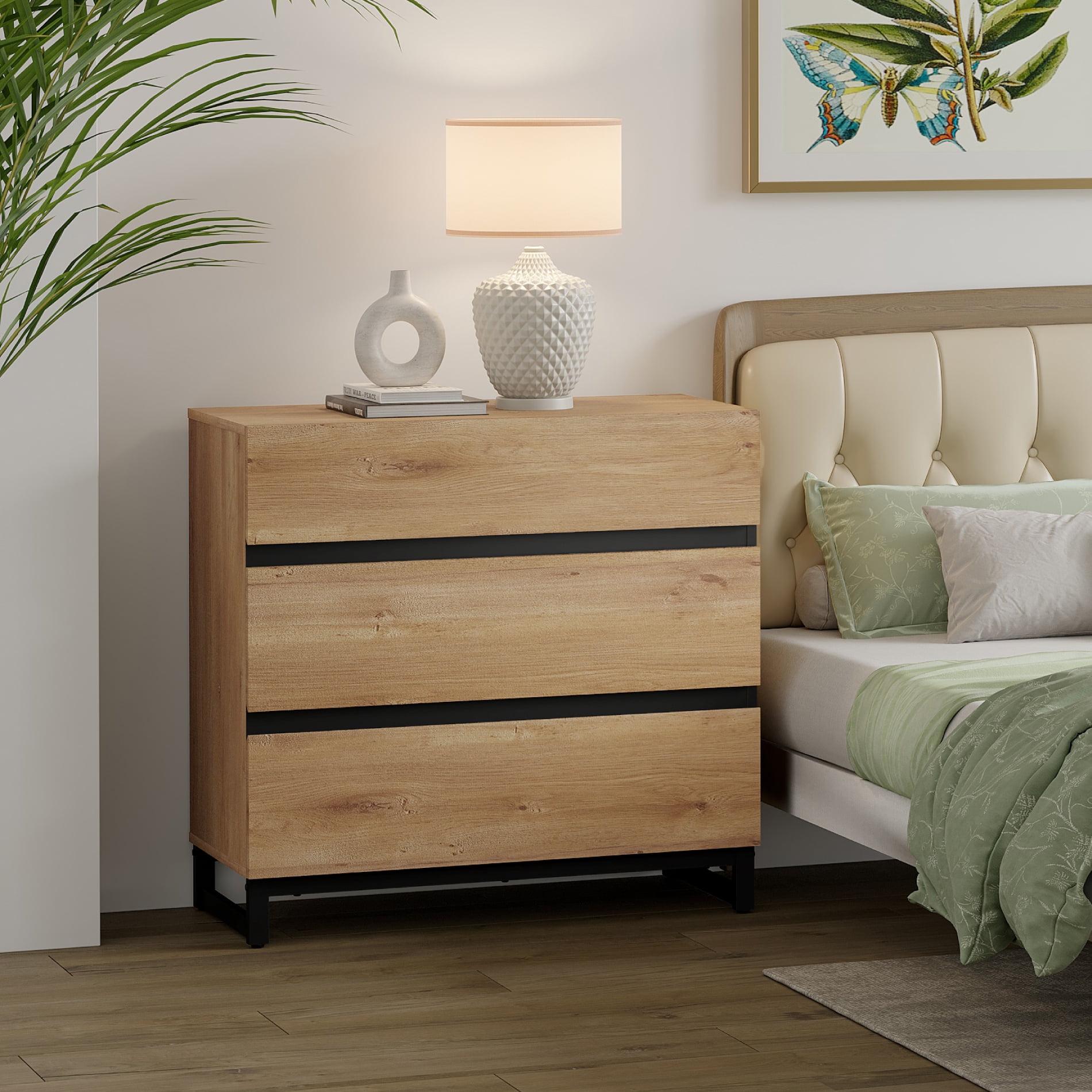 WAMPAT Rustic Wood Nightstand with 3 Drawers, Modern Bedroom Bedside Table with Black Square Iron Legs for Bedroom,Oak