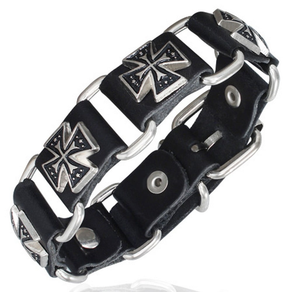 Black Leather Alloy Double Maltese Cross Stud Belt Buckle Unisex Bracelet