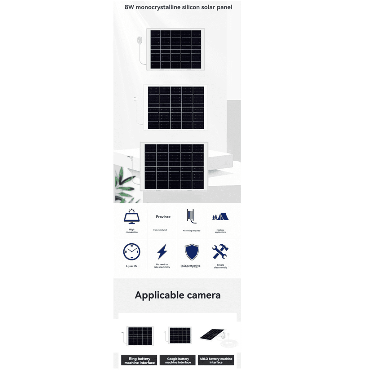 8W Solar Panel with Extension Cable IP65 Waterproof for Camera Security Camera Outdoor