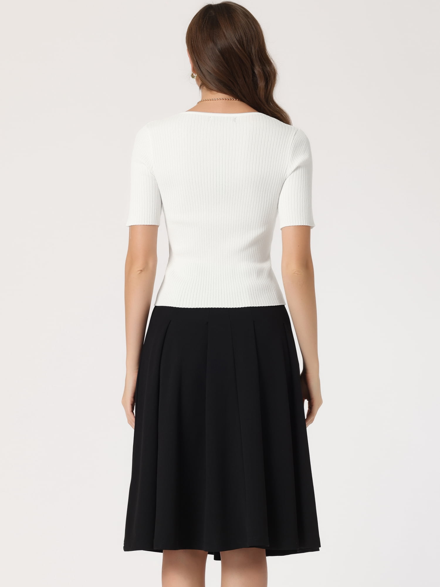 Unique Bargains Women's Square Neck Short Sleeve Knit Pullover Fitted Ribbed Tops L White