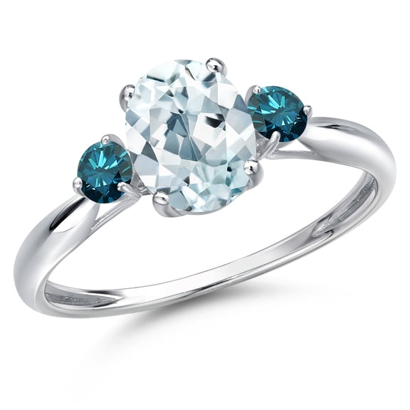 Gem Stone King 10K White Gold Sky Blue Aquamarine and Blue Diamond 3-Stone Ring for Women | 1.40 Cttw | Oval 8X6MM | Gemstone March Birthstone | Size 8