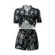 thumbnail image 3 of VISgogo, traje de 2 uds con pantalones para mujer, blusa con botones de solapa de manga corta estampada, pantalones cortos ajustados de cintura alta, ropa encantadora para mujer VISgogo  moda, 3 of 6