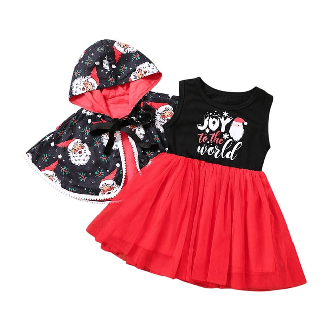 NIJNFCLOTH Tenues d'Automne pour Filles, Robe de Princesse Sans Manches avec Imprimés de Dessins Animés de Noël, Robe à Capuche, Ensemble de Cape pour Filles