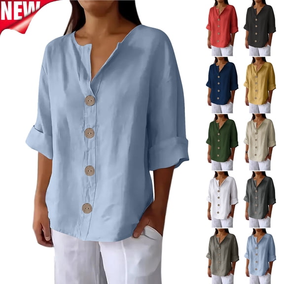 Tqyyweavej Linen Button Down Shirts for Women Henley Loose V Neck Blouses Solid Color Folded Hem 3/4 Length Sleeve Womens Tops S-4XL