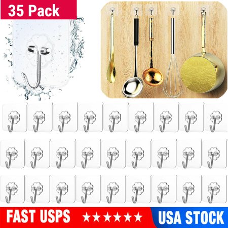 

Big Sale 35 Packs Heavy Duty Adhesive Wall Hooks Removable Transparent Sticky Wall Hangers Waterproof Reusable Wall Hook for Bathroom and Kitchen